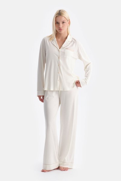 Ecru Satin Detailed Shirt and Pants Set