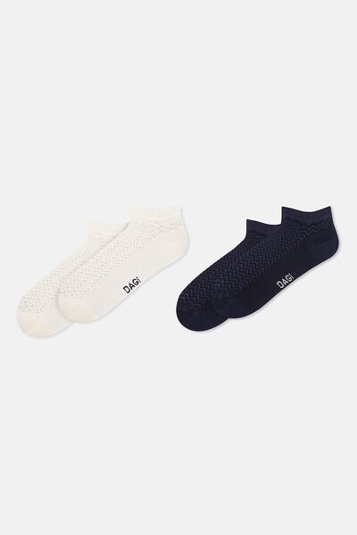 Ecru-Navy Blue Women's 2-Piece Zigzag Patterned Bamboo Booties Socks