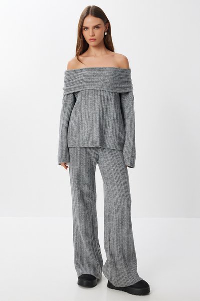 Open Shoulder Knitwear Sweater Pants Set Lmu0004 Gray