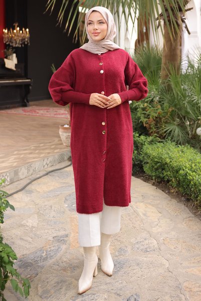 Burgundy Hakim Collar Angora Soft Coat Cardigan
