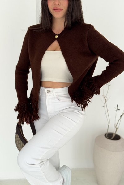 Women's Burgundy Knitwear Cardigan Tassel Detailed One Button Neckline Standard Size