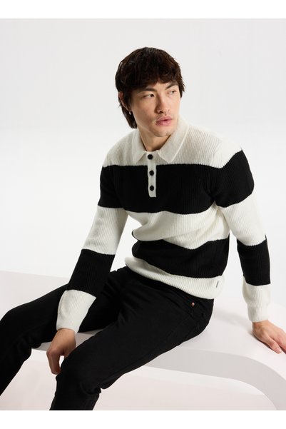 Buttoned Collar Regular Knit Patterned Black - White Men's Sweater M5Wm-Kzk1547