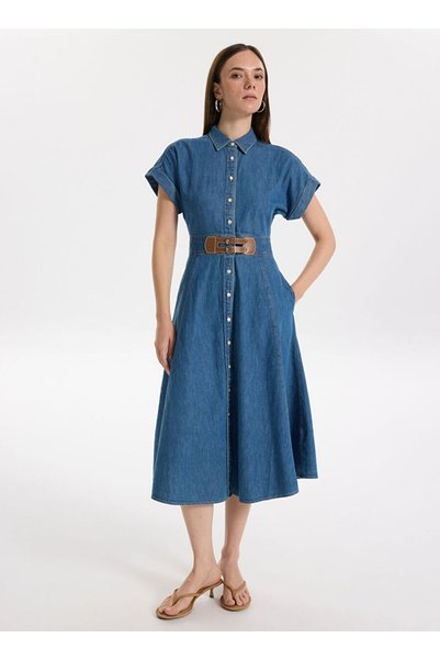 Shirt Collar Blue Midi Women's Dress Erlaina-Short Sleeve-Day Dress