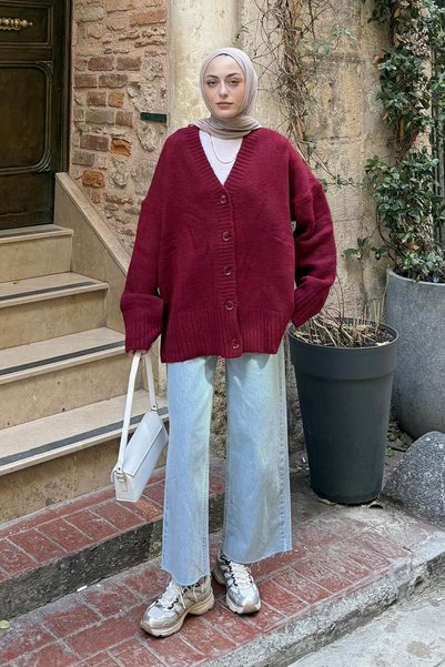 Casual Textured Basic Cardigan Burgundy