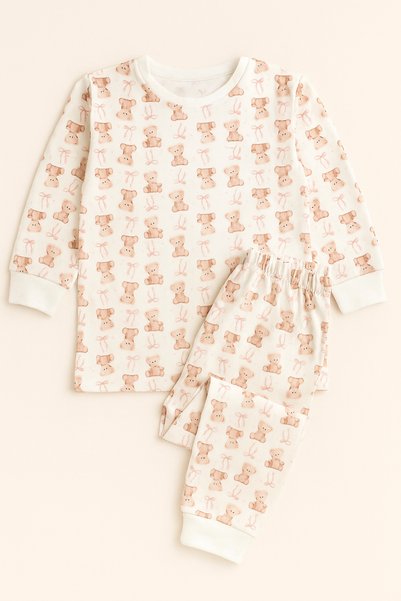 Girl's Ribbon and Teddy Printed Pajama Set