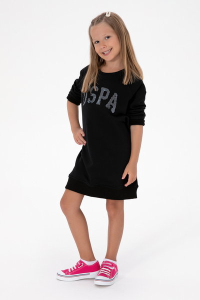Girl's Black Sequin Detail Crew Neck Sweat Knitted Dress 50314313-Vr046