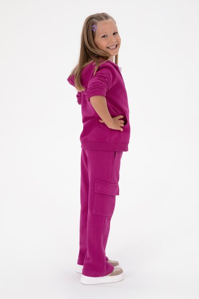Girl's Fuchsia Pocket Detailed Shiny Printed Sweatpants 50316892-Vr023