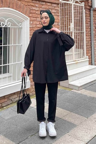 Sleeve Detailed Shirt Oversize Shirt Black