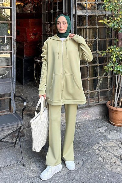 Arm Ruched Detail double scuba hijab set green
