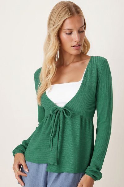Women's Green V-Neck Soft Textured Tie-Front Knit Cardigan with Elastic Sleeves Arm-26K001010