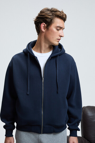 Ashby Men's Hooded Zippered Pocket Drawstring Regular Fit Navy Blue Sweatshirt