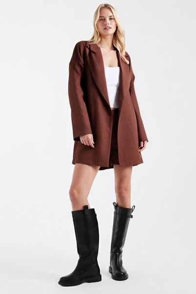 Women's Light Brown Men's Collar Oversized Jacket with Side Slits Arm-26K001009
