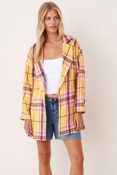 Women's Mustard Oversize Jacket with Slits on the Side of the Men's Collar Arm-26K001009