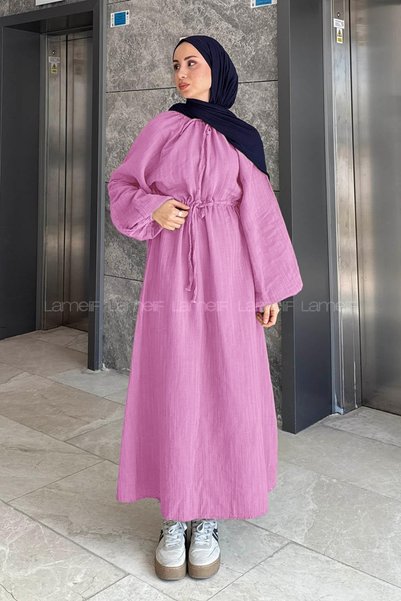 Balloon Sleeve Tie-Up Hijab Dress Pink