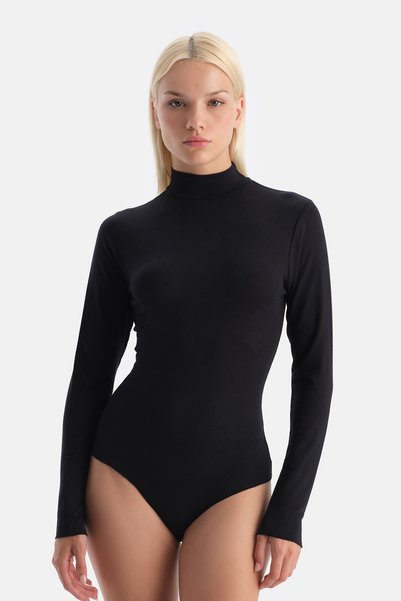 Black Modal Cashmere Long Sleeve Turtleneck Bodysuit