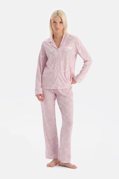Light Pink Shawl Patterned Shirt Pants Set