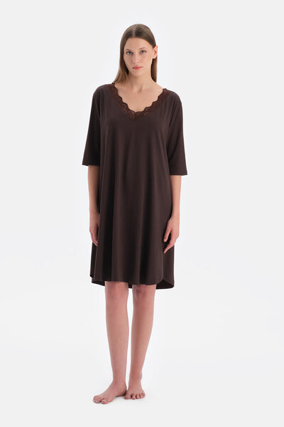 Dark Brown V-Neck Lace Knitted Nightgown