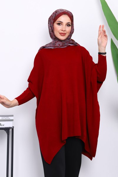 Burgundy Batwing Sleeve Poncho Knitwear Tunic