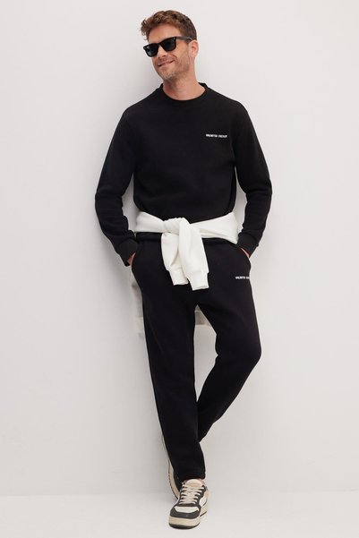 Men's Relax Fit Cotton 3 Thread Soft Textured Inside Fleece Crew Neck Black Tracksuit Set