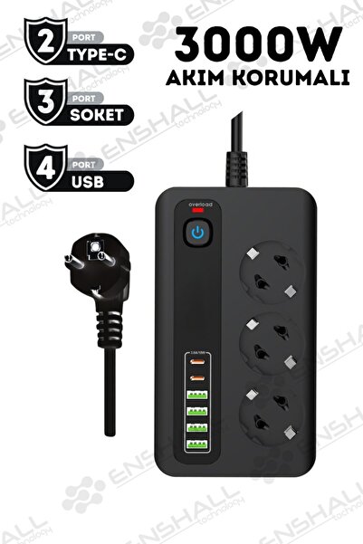 PRO P10 3X приклучница 3000W со заштита од пренапон, 4X USB, 2X Type-C влез, мулти-приклучница ЦРНА