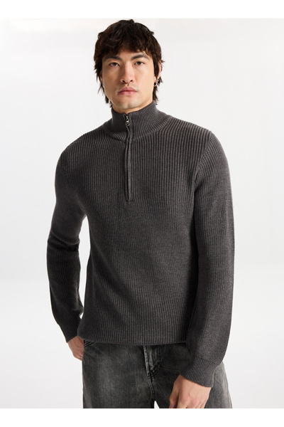 Zippered Collar Regular Knit Patterned Dark Gray Men's Sweater M4Wm-Kzk-1813