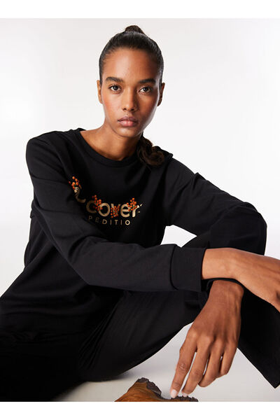 Black Women's Cycling Relaxed Printed Sweatshirt D4Wl-Swt3034