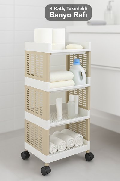 4 Tier Rolling Bathroom Shelf - Towel Rack Detergent Holder Makeup Organizer Shelf Unit Beige