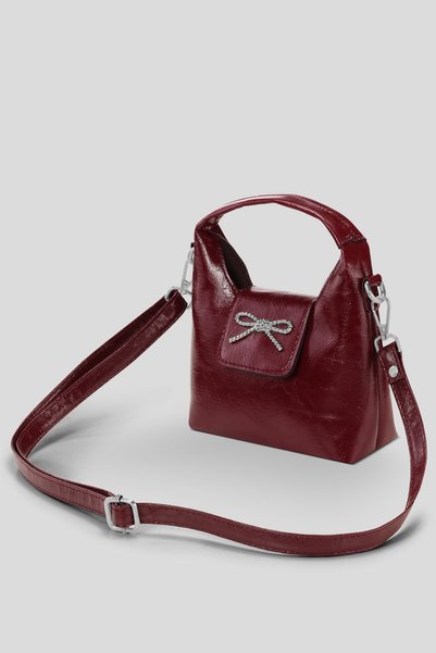 Long Strap Minimalist Shoulder Bag with Burgundy Bow Accessory 283