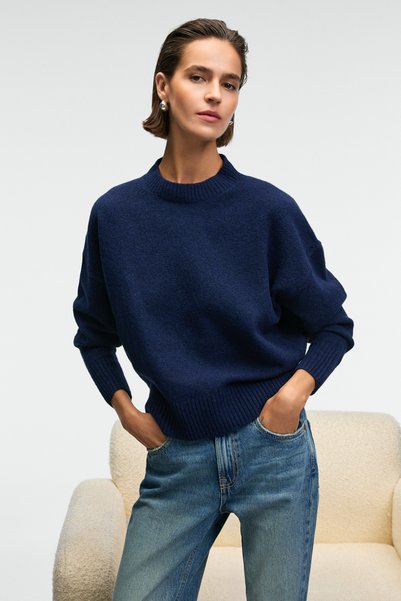Nanna Women's Oversize Fit Soft Cashmere Crew Neck Thick Knitwear Navy Blue Sweater