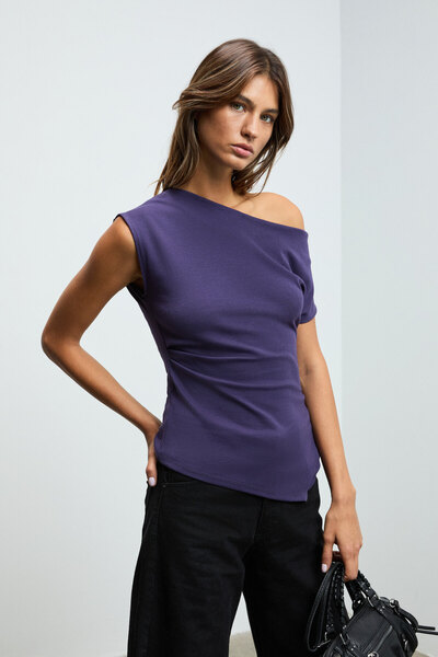 Rehinga Women's 100% Cotton Waist-Fitted Asymmetrical Collar Regular Fit Short Sleeve Purple Blouse
