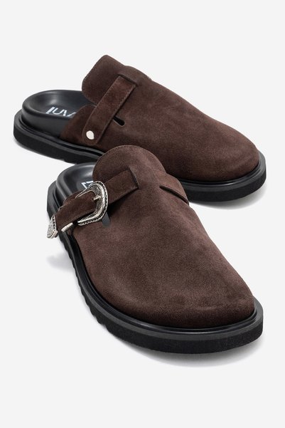 Vesta Brown Suede Buckle Genuine Leather Women's Closed Toe Slippers