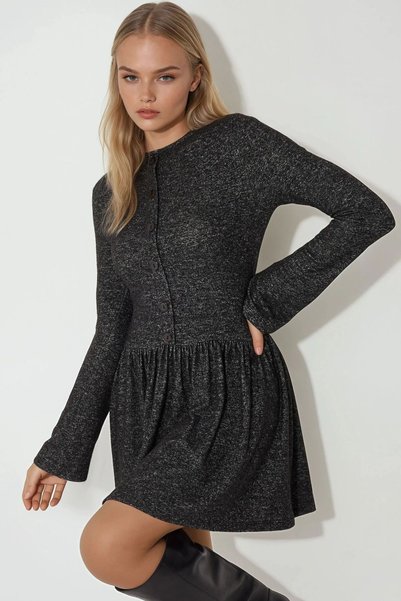 Button Detail Round Neck Long Sleeve Skater Mini Dress