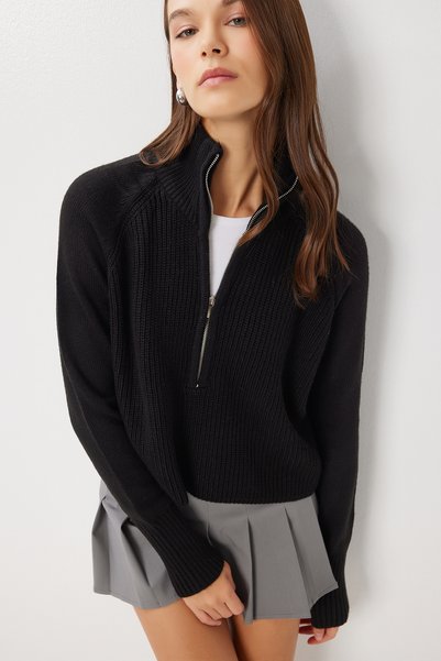 Zippered Stand Collar Knitwear Sweater Lfg0162 Black