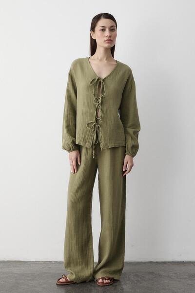 Khaki 100% Cotton Tie-Up Blouse Pants Set