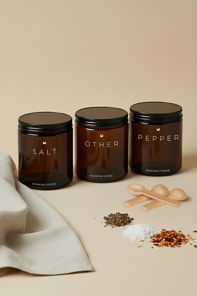 Комплет за зачини од килибарно стакло - со натписи Salt, Pepper, Other – сет од 3 / 250 ml