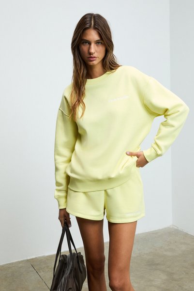 Jennıfer Women's Organic Cotton Embroidered Round Neck Oversize Yellow Sweatshirt