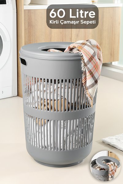 60 Liter Solara Round Laundry Basket - Bathroom Organizer Basket with Lid Detail Laundry Basket Grey