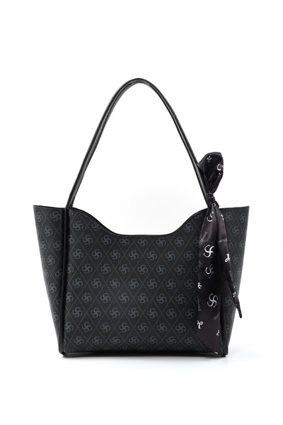 Monogram Printed Black Shk240 Faux Leather Zippered Single Compartment Handbag, Arm Bag and Shoulder Bag with Scarf Gift