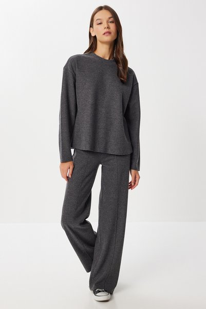 Yumoş Basic Knitted Top and Bottom Set Lub0273 Anthracite