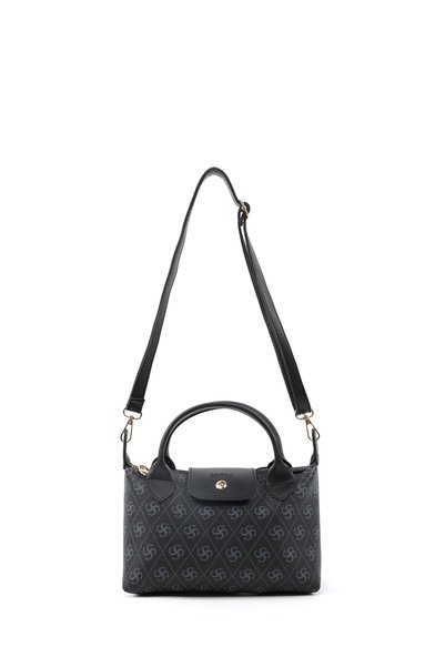 Monogram Printed Black Shk135 Faux Leather, Single Compartment, Double Strap Hand, Arm and Cross Shoulder Bag