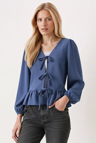 Women's Dark Blue Front Tie Blouse with Ruffled Hem and Elasticated Sleeves Arm-26K001019