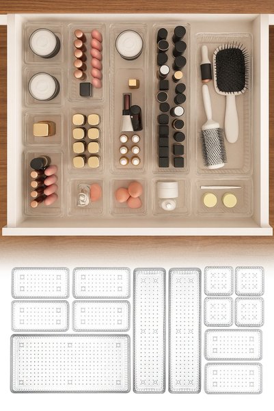 13-Piece Jewelry Accessory Drawer Organizer Box Set Jewelry Organizer Transparent-Cutlery Tray