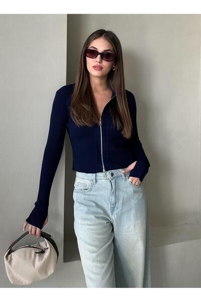 Navy Blue Double Zipper Adjustable Cardigan with Hand Tie Detail