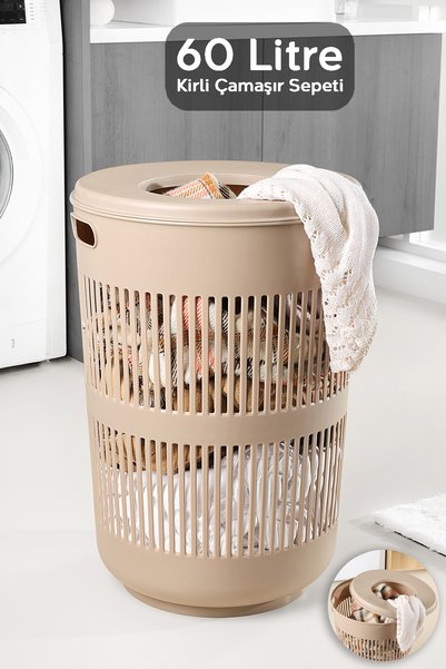 60 Liter Solara Round Dirty Laundry Basket - Bathroom Organizer Basket with Lid Detail Laundry Basket Beige