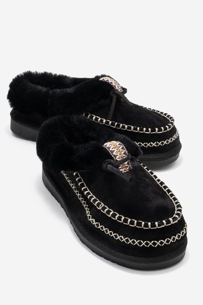 Noriel Black Suede Genuine Leather Stitched Fur Women's Moccasin Slippers