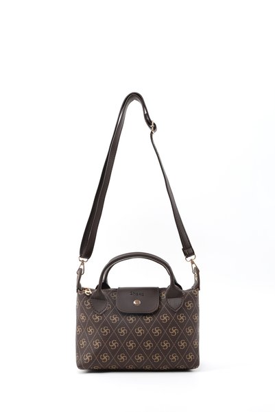 Monogram Printed Brown Shk135 Faux Leather, Single Compartment, Double Strap Hand, Arm and Cross Shoulder Bag