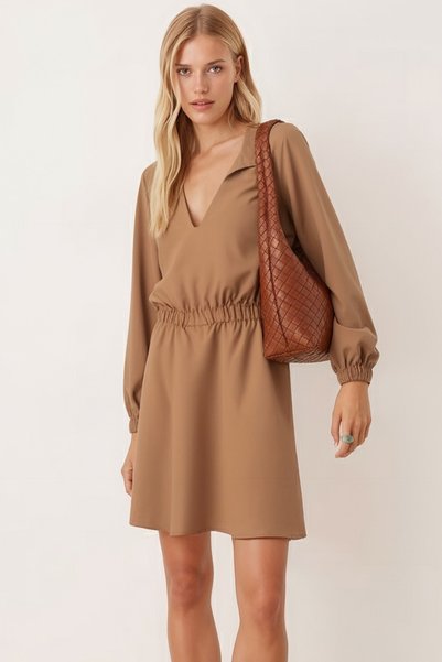 Women's Mink Shirt Collar Detailed Dress with Elastic Waist and Sleeves Arm-26K001023