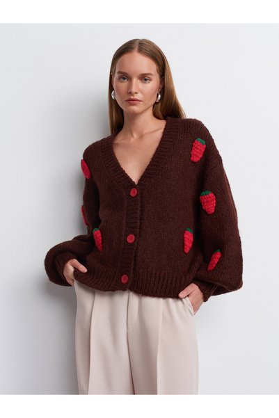 60185 Wool Blend Strawberry Embroidered Cardigan-Brown