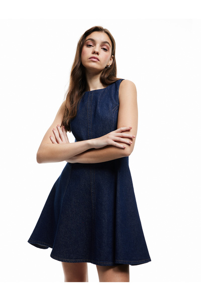 Cotton Crew Neck Flounce Sleeveless Mini Denim Dress with Stitching Detail