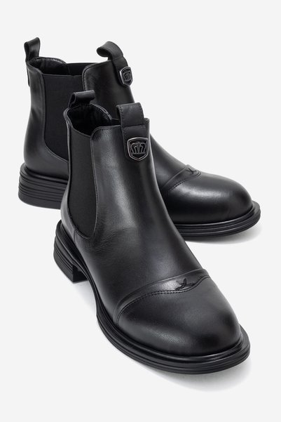 SIDNEY Black Genuine Leather Buckled Elastic Women's Chelsea Boots